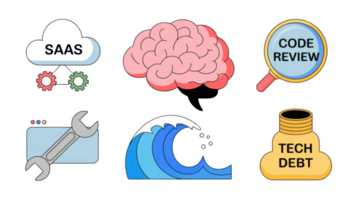 Saas, code review, tech debt, brain, big wave and maintenance representing software development challenges png