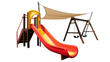 Colorful playground slide and swing set with sunshade on transparent background png