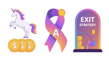 Unicorn prancing on coins, series a funding ribbon and exit strategy sign with transparent background png