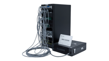 Data center network server rack with ups and tangled cables on transparent background png