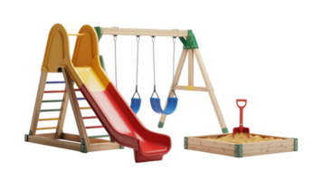 Colorful playground equipment with slide, swing, sandbox and ladder on transparent background png