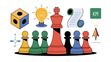 Business strategy planning with chess pieces, lightbulb, dice and kpi banner on transparent background png