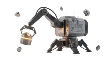 Space mining robot extracting minerals on transparent background png