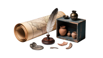 Studying ancient civilization with map, feather pen, and pottery on transparent background png