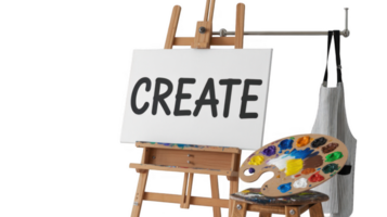 Wooden easel with white canvas showing create word, palette and apron on transparent background png