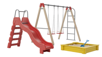 Playground equipment set with slide, swing, sandbox and ladder on transparent background png
