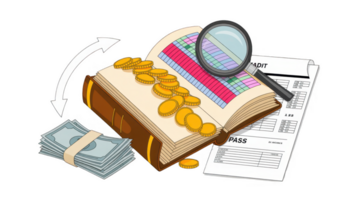 Auditing money and ledger with magnifying glass and passing audit report on transparent background png