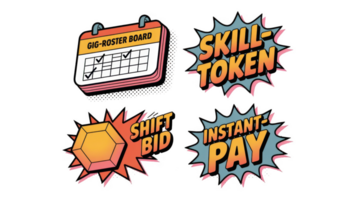 Gig roster board, skill token, shift bid and instant pay icons with transparent background png