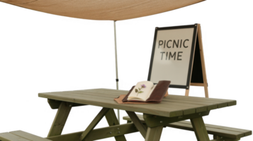 Picnic time sign stands on wooden table under awning with transparent background png