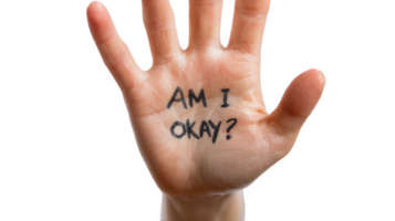Open hand showing am i okay message on transparent background png