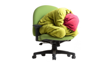 Worker sitting on chair with head on pillow feeling tired and sore png