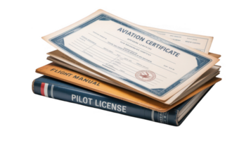 Pilot license, flight manual and aviation certificates resting on each other on transparent background png