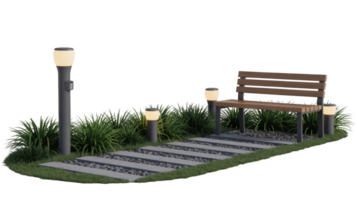 Modern bench with street lamps illuminating a garden path on transparent background png