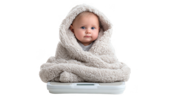 Adorable baby wrapped in warm blanket sitting on weighing scale with transparent background png