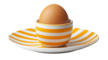 Boiled egg resting on a striped egg cup and saucer with transparent background png