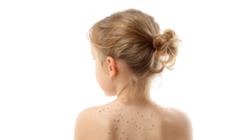 Little girl showing chickenpox symptoms on her back on transparent background png