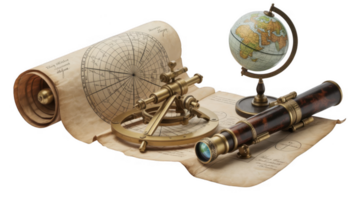 Vintage navigation tools resting on antique maps with transparent background png
