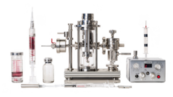 Bioengineering equipment displaying bioreactor, syringes, and vials on transparent background png