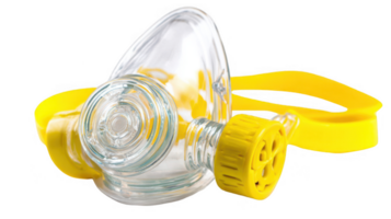 Oxygen mask with yellow strap providing supplemental oxygen on transparent background png