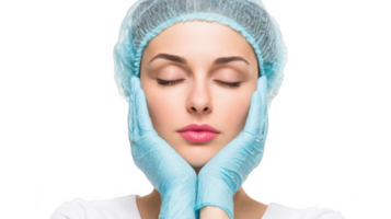 Female doctor gently touching face with closed eyes and transparent background png