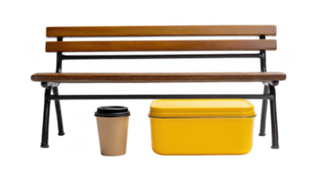 Empty bench with coffee cup and lunchbox on transparent background png