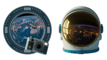 Astronaut helmet and spaceship window showing earth at night with camera and transparent background png