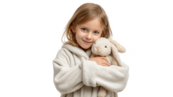 Smiling child hugging plush rabbit on transparent background png