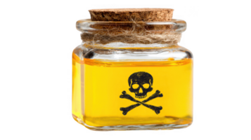 Glass jar with yellow poison and skull and crossbones symbol on transparent background png