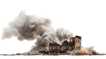 Smoke rising from ruined building with transparent background png