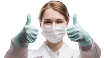 Smiling doctor with mask and gloves showing thumbs up on transparent background png