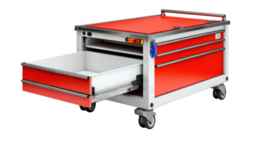 Emergency crash cart with open drawer showing empty interior on transparent background png