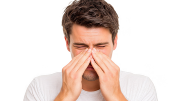 Young man suffering from sinus pain and squeezing nose bridge on transparent background png