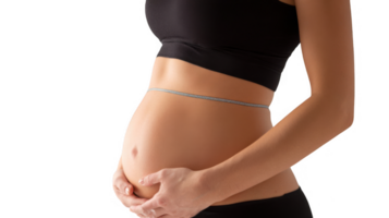 Pregnant woman embracing belly with measuring tape showing linea nigra on transparent background png