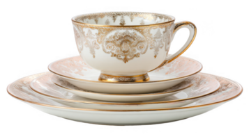 Elegant teacup and saucers with gold decoration on transparent background png