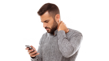 Manager suffering from neck pain while using smartphone with transparent background png