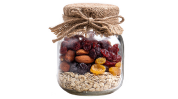 Rustic mason jar filled with dried fruit, almonds, and oats on transparent background png