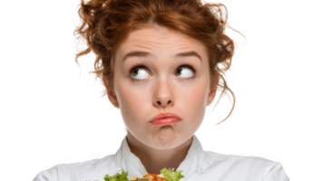 Chef making a disgusted face while holding a dish on transparent background png