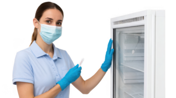 Nurse checking temperature of refrigerator with transparent background png