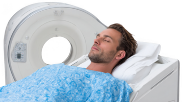 Patient undergoing cat scan with closed eyes and transparent background png