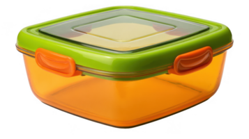 Empty orange and green plastic food container with transparent lid on a transparent background png