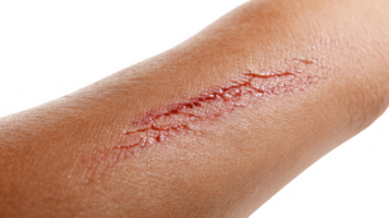 Closeup of deep scratch wound healing on human arm on transparent background png