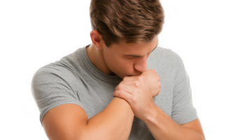 Young man coughing into elbow on transparent background png