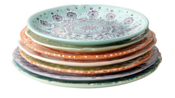 Stack of colorful ceramic plates with intricate designs on transparent background png