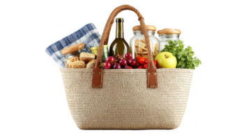 Woven tote bag overflowing with picnic supplies on transparent background png
