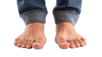 Man showing bare feet wearing jeans on transparent background png