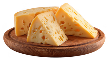 Maasdam cheese slices arranged on wooden platter with transparent background png