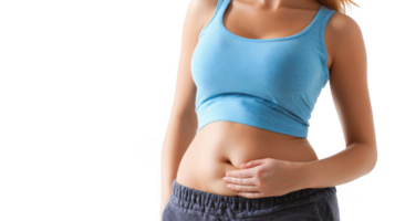 Woman touching belly suffering from pcos bloating on transparent background png