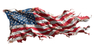 Tattered american flag waving on transparent background, symbol of resilience png
