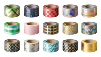 Set of fifteen rolls of colorful washi tapes with geometric patterns on transparent background png