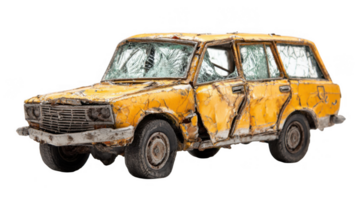 Weathered yellow car with smashed windows on transparent background png